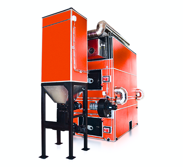 Large industrial biomass boiler system designed for efficient, high-capacity heating, utilizing renewable fuels such as wood chips or agricultural waste to reduce carbon emissions