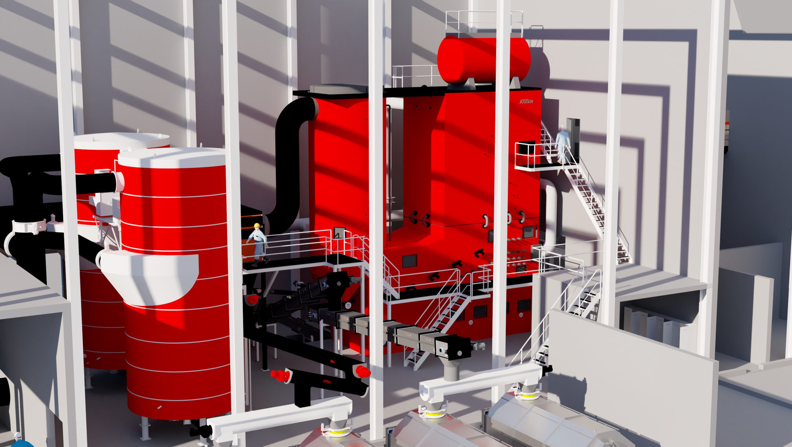 Industrial biomass heating system, including a biomass boiler, fuel storage silo, and interconnected pipework for efficient heat distribution