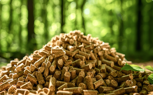 Close-up of wood pellets, a compact and renewable biomass fuel commonly used in heating systems for sustainable energy production