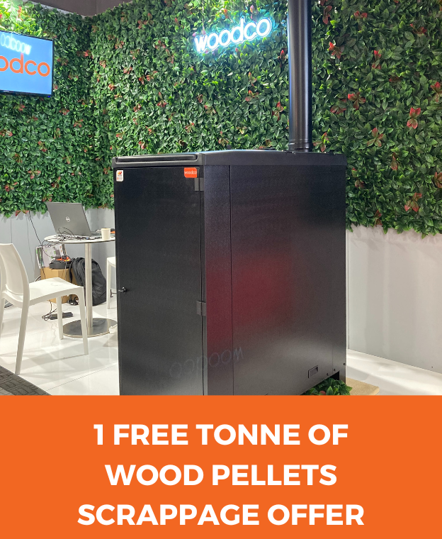 Promotional banner for a biomass boiler scrappage offer, encouraging customers to replace old heating systems with efficient, renewable biomass boilers