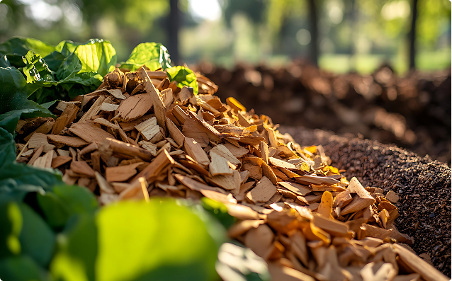 Pile of wood chips, a renewable biomass fuel used in heating systems, energy production, and landscaping applications